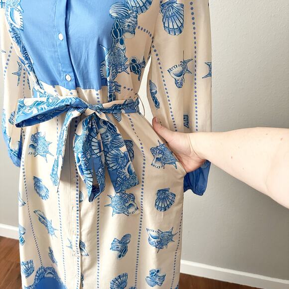 Celina Moon X Anthro Shell Print Tie Waist Midi Shirt Dress Women’s Size Medium - Picture 5 of 15